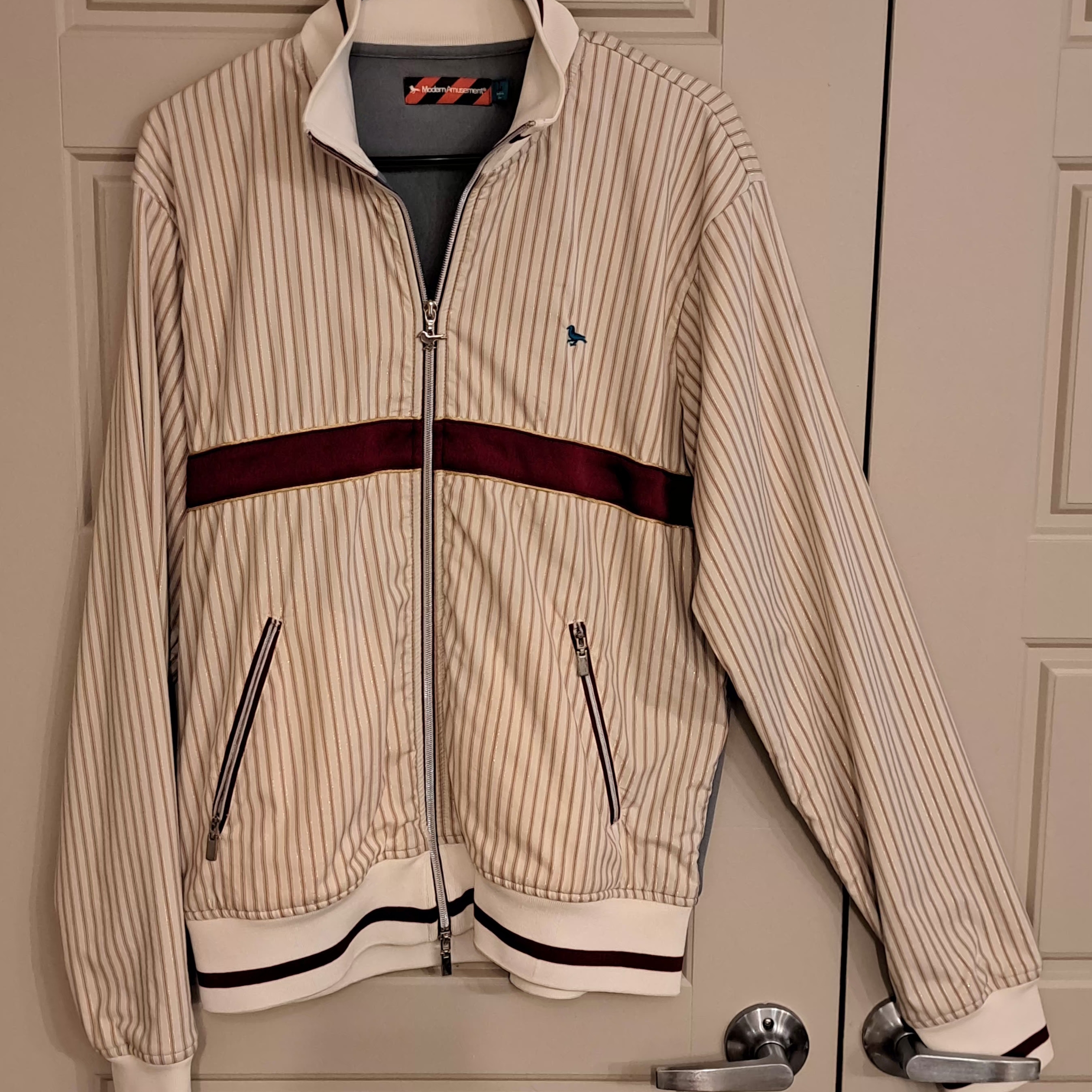 Modern Amusement Cream And Burgundy Striped Jacket